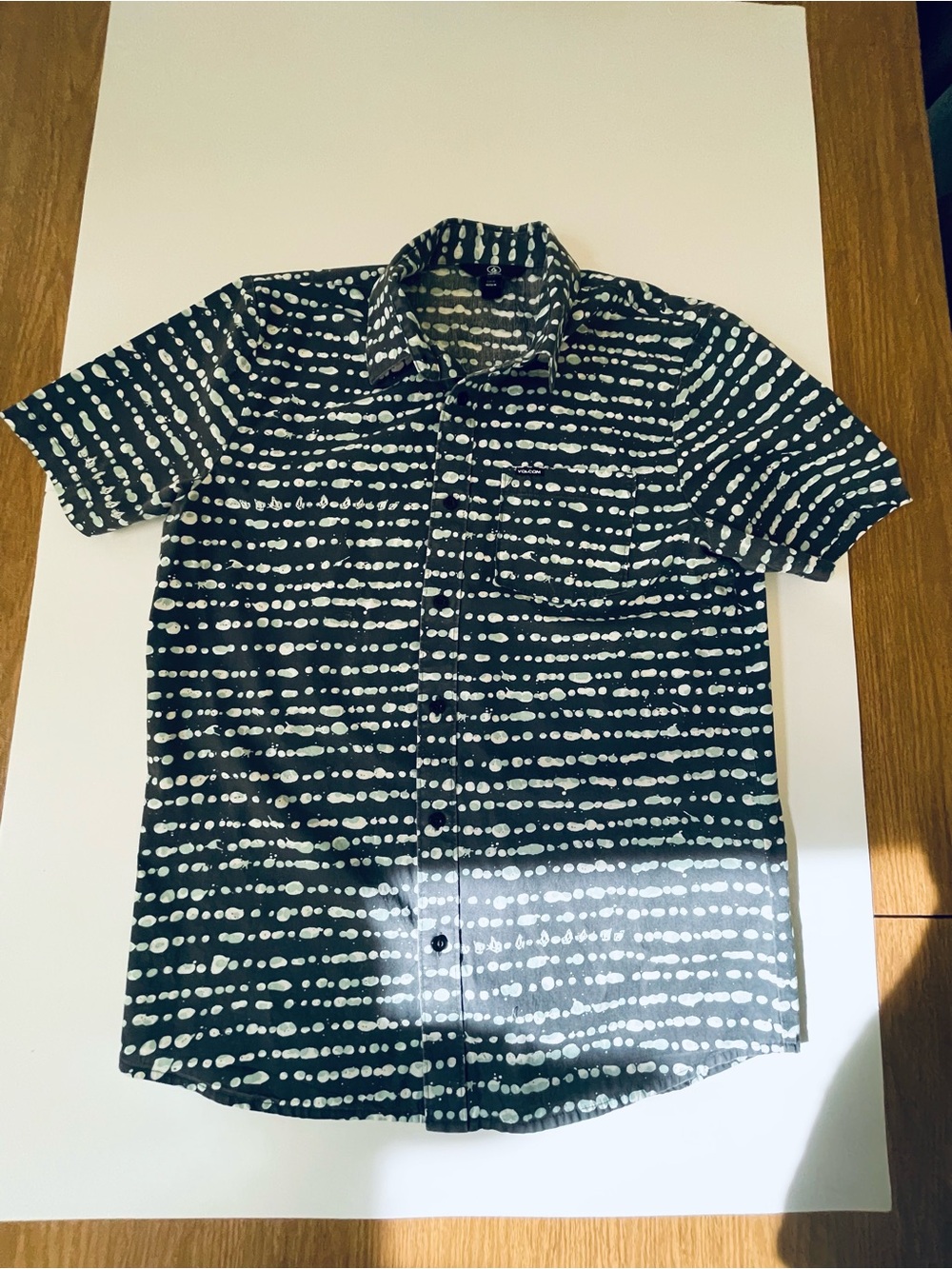 Volcom Charcoal Black Short-Sleeve Button-Down with blue and White Dot Stripe
